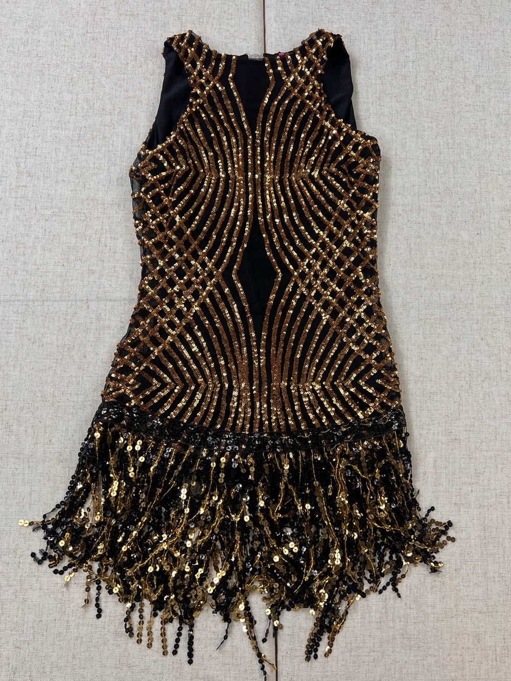 Gold Black Sequin Fringe Flapper Dress 1920s Gatsby Art Deco Drop Waist Mini S